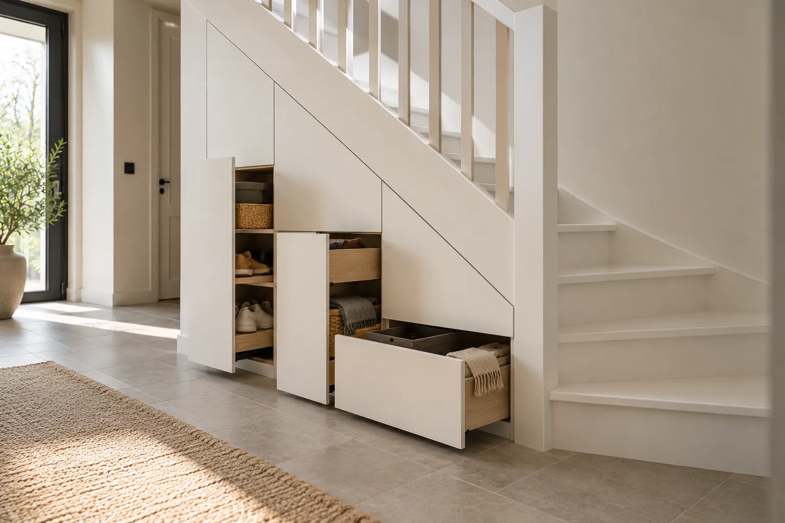 Kast onder de trap met uittrekbare lades en deurtjes voor schoenen en manden in een hal