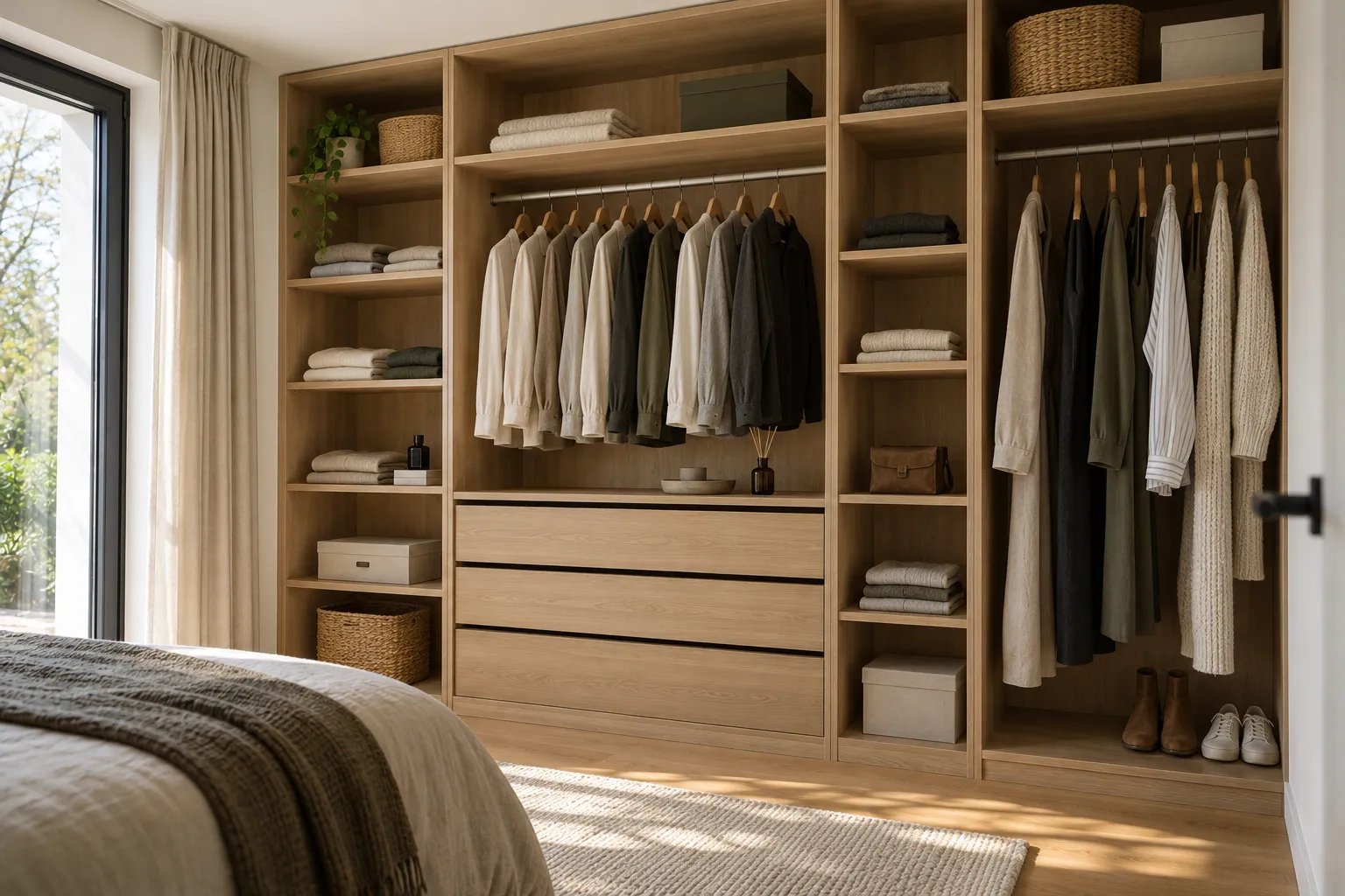 Kledingkast op maat in houtdecor met hangdelen, legplanken en drie lades in een slaapkamer