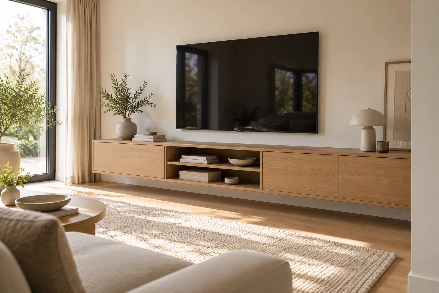 Zwevend tv-meubel op maat in houtdecor met kleppen en open vakken onder een tv aan de muur